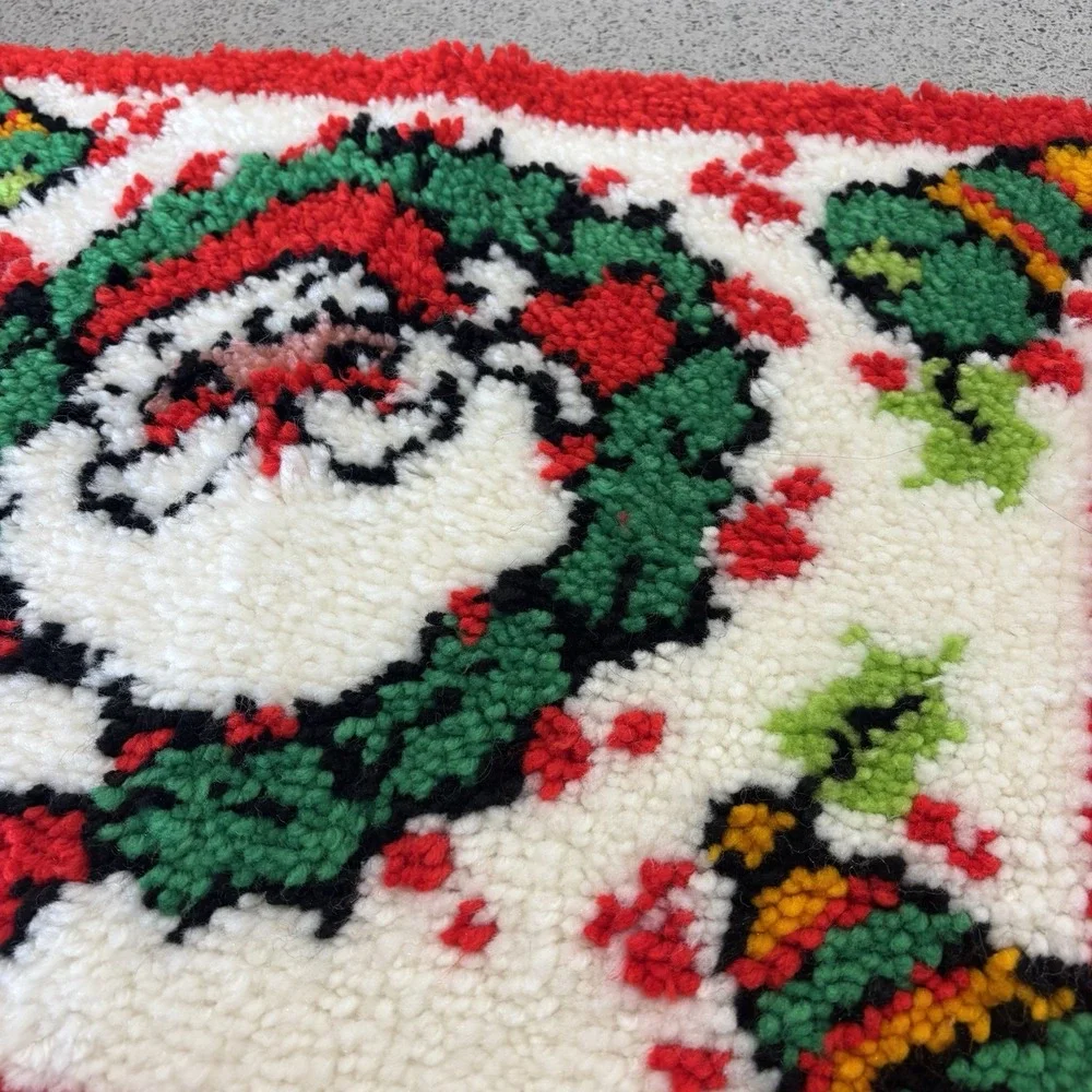 Vintage Handmade Christmas Santa Latch Hook Rug Wall Hanging Decor Granny Kitscy